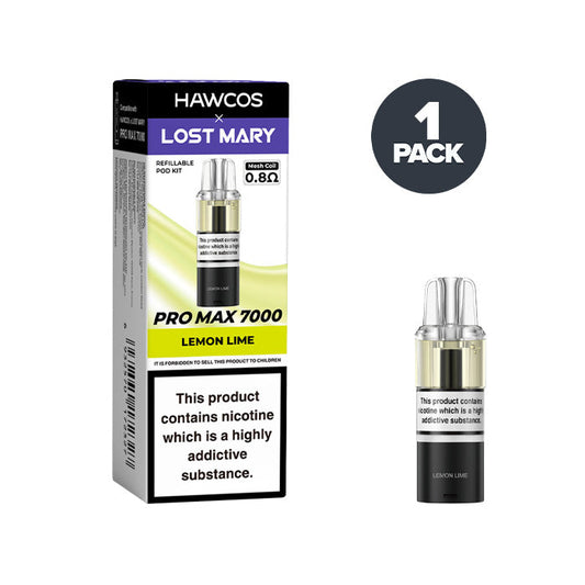 Lemon Lime Hawcos X Lost Mary 7000 Pro Max Prefilled Pod and Box on a white background