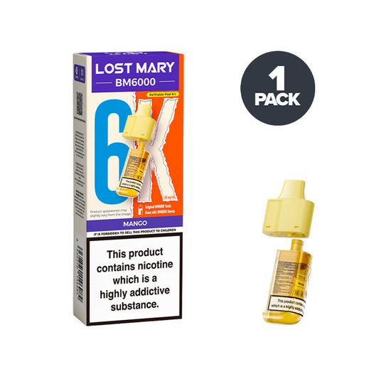 Mango Lost Mary BM6000 Prefilled Pod and Box on a white background