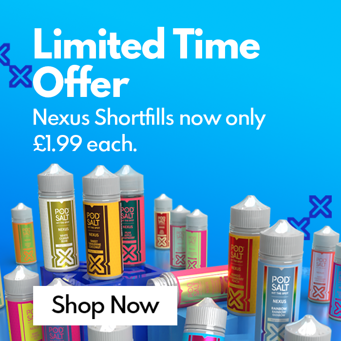 Promotional image of Nexus Shortfills with a blue background and text about a limited time offer.