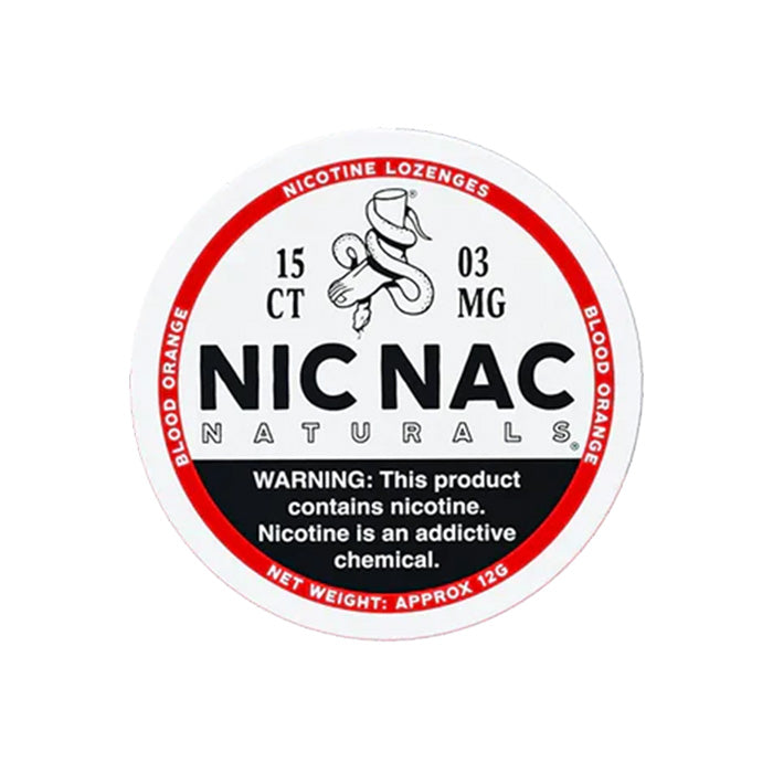 Closed can of Nic Nac Blood Orange 3mg Nicotine Lozenges
