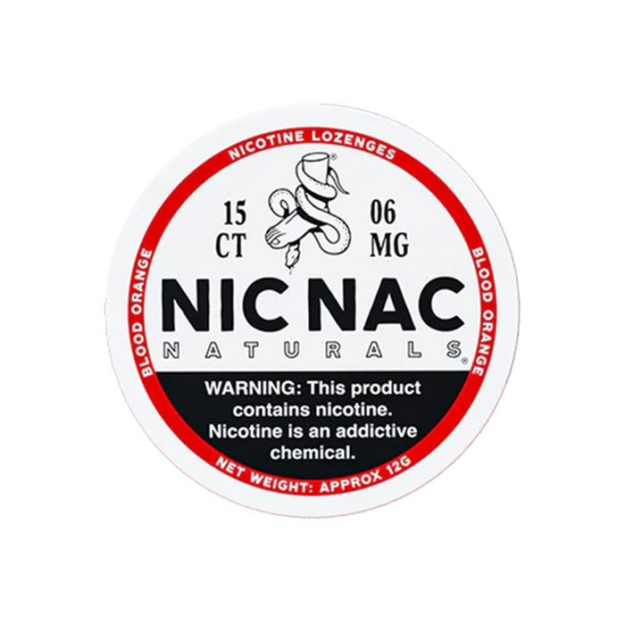 Closed can of Nic Nac Blood Orange 6mg Nicotine Lozenges
