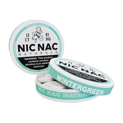 Open can of Nic Nac Wintergreen 3mg Nicotine Lozenges