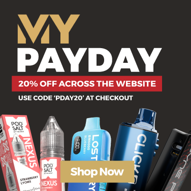 Promotional banner for 'My Payday' with vaping products and discount offer.