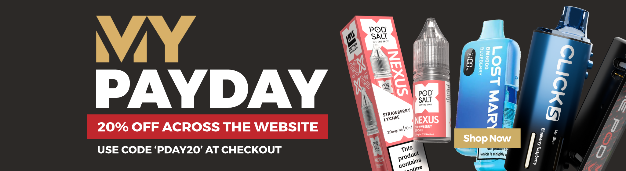 Promotional banner for 'My Payday' with vaping products and discount offer.