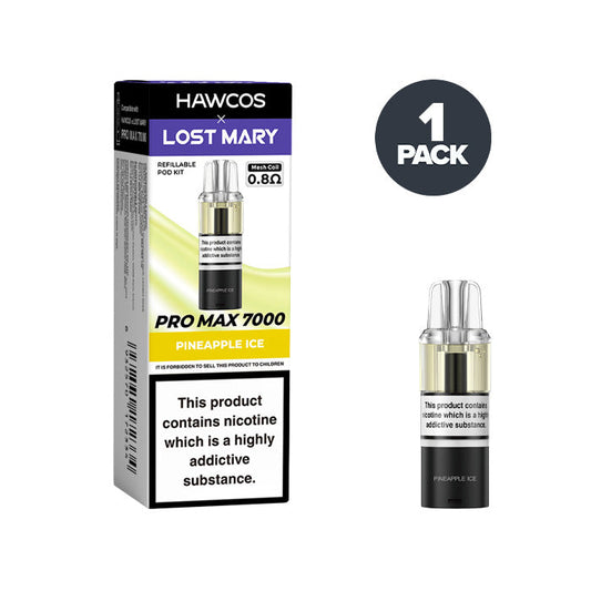 Pineapple Ice Hawcos X Lost Mary 7000 Pro Max Prefilled Pod and Box on a white background