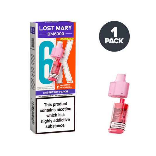 Raspberry Peach Lost Mary BM6000 Prefilled Pod and Box on a white background