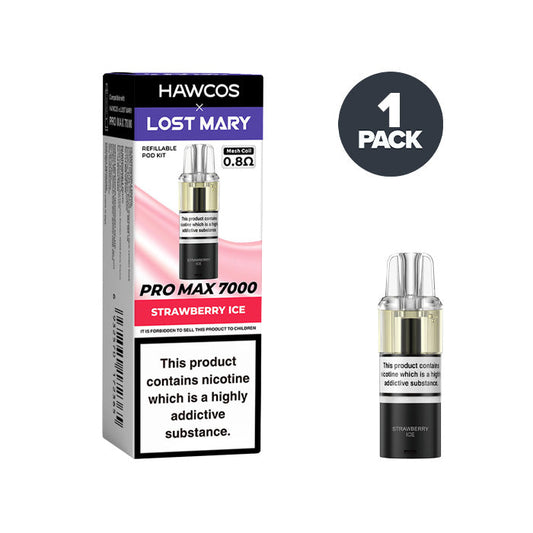 Strawberry Ice Hawcos X Lost Mary 7000 Pro Max Prefilled Pod and Box on a white background