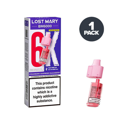 Strawberry Raspberry Blackberry Lost Mary BM6000 Prefilled Pod and Box on a white background