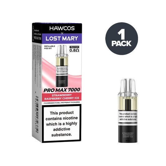 Strawberry Raspberry Cherry Ice Hawcos X Lost Mary 7000 Pro Max Prefilled Pod and Box on a white background