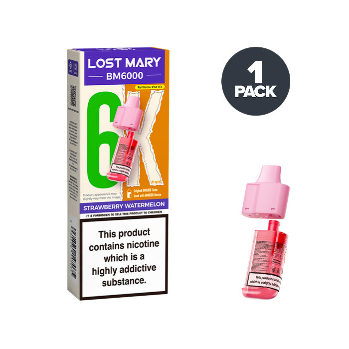 Strawberry Watermelon Lost Mary BM6000 Prefilled Pod and Box on a white background