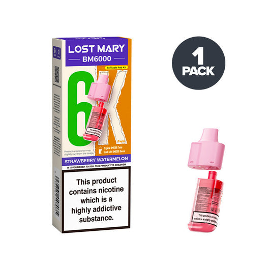 Strawberry Watermelon Lost Mary BM6000 Prefilled Pod and Box on a white background