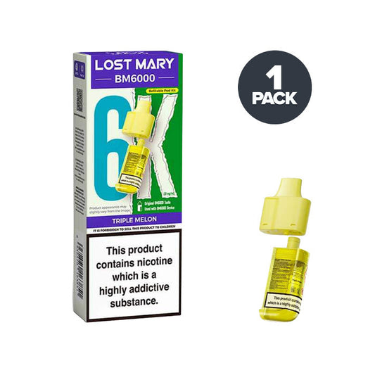 Triple Melon Lost Mary BM6000 Prefilled Pod and Box on a white background